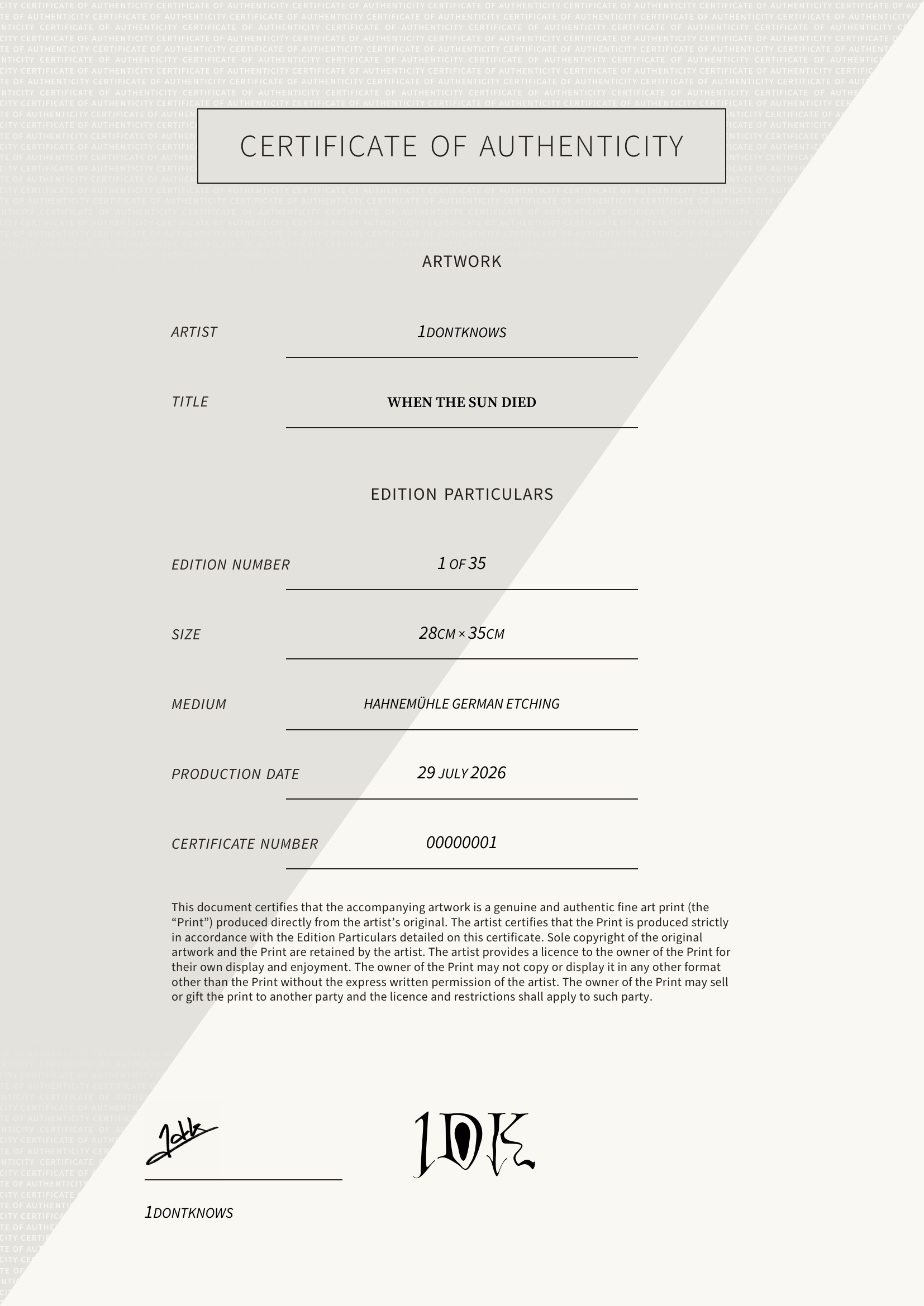 When the Sun Died — Certificate of Authenticity