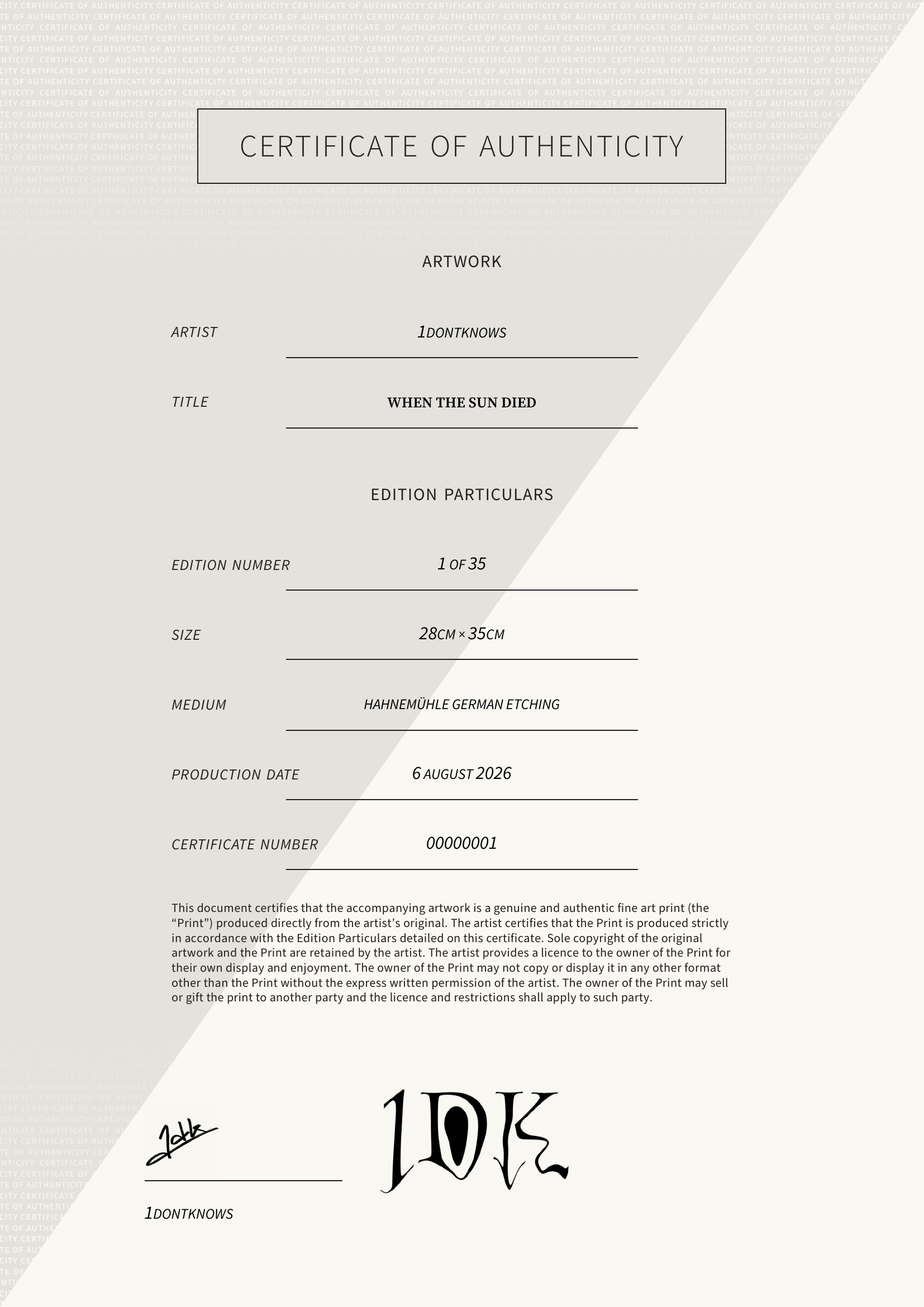 When the Sun Died — Certificate of Authenticity